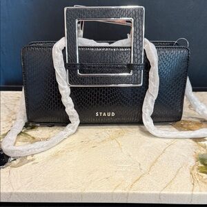 NWT - STAUD Black Textured Clutch with Silver Accents